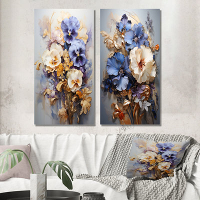 Pensées dorées élégance Bouquet - ensemble d'art mural sur toile 2 pensées