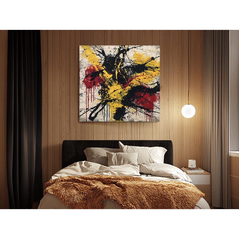 Reproduction d'art moderne sur toile, éclaboussures de peinture noire, jaune et rouge, 24 po x 24 po