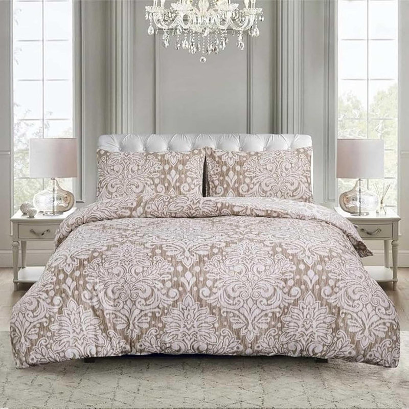 Duvet Cover Set with Pillowcases Cotton Rich Damask Pattern Bedding Soft Easy Care Wrinkle Resistant and Durable, Royal Beige