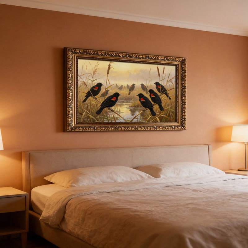 Oiseaux noirs sur des roseaux - Cadre mural vintage orné - Cadre décoratif doré pour œuvres d'art., L 16 po x l 24 po