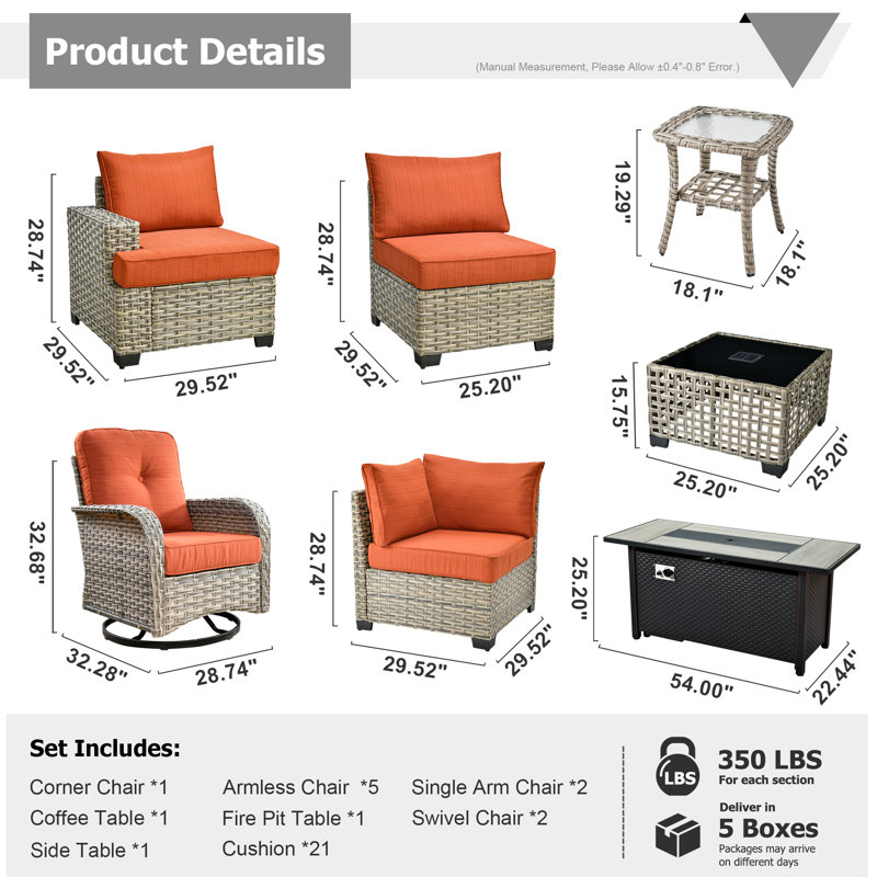 10 - Person Patio Furniture Set with Swivel Rockers, Outdoor Wicker Rattan Sectional Seating Group with Cushions, All Weather Sofa Conversation Set with Fire Pit Table for Garden Backyard
