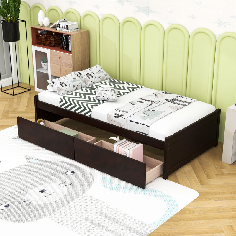 Lit plateforme élégant en bois avec tiroirs de rangement, Espresso
