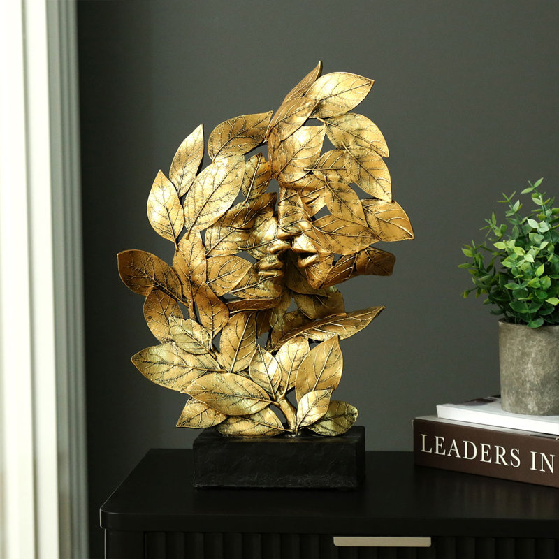 Polyresin Couple and Leaf Figurines & Sculptures for Living Room Decoration, Home Decor Accent Piece, Gold