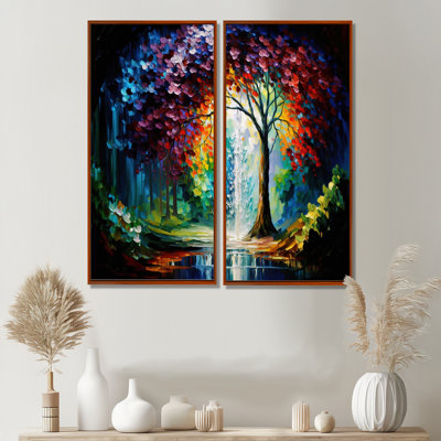 Big Tree In The Middle Of Forest During Fall II - Tree Oversized Canvas Wall Art 2 Pieces