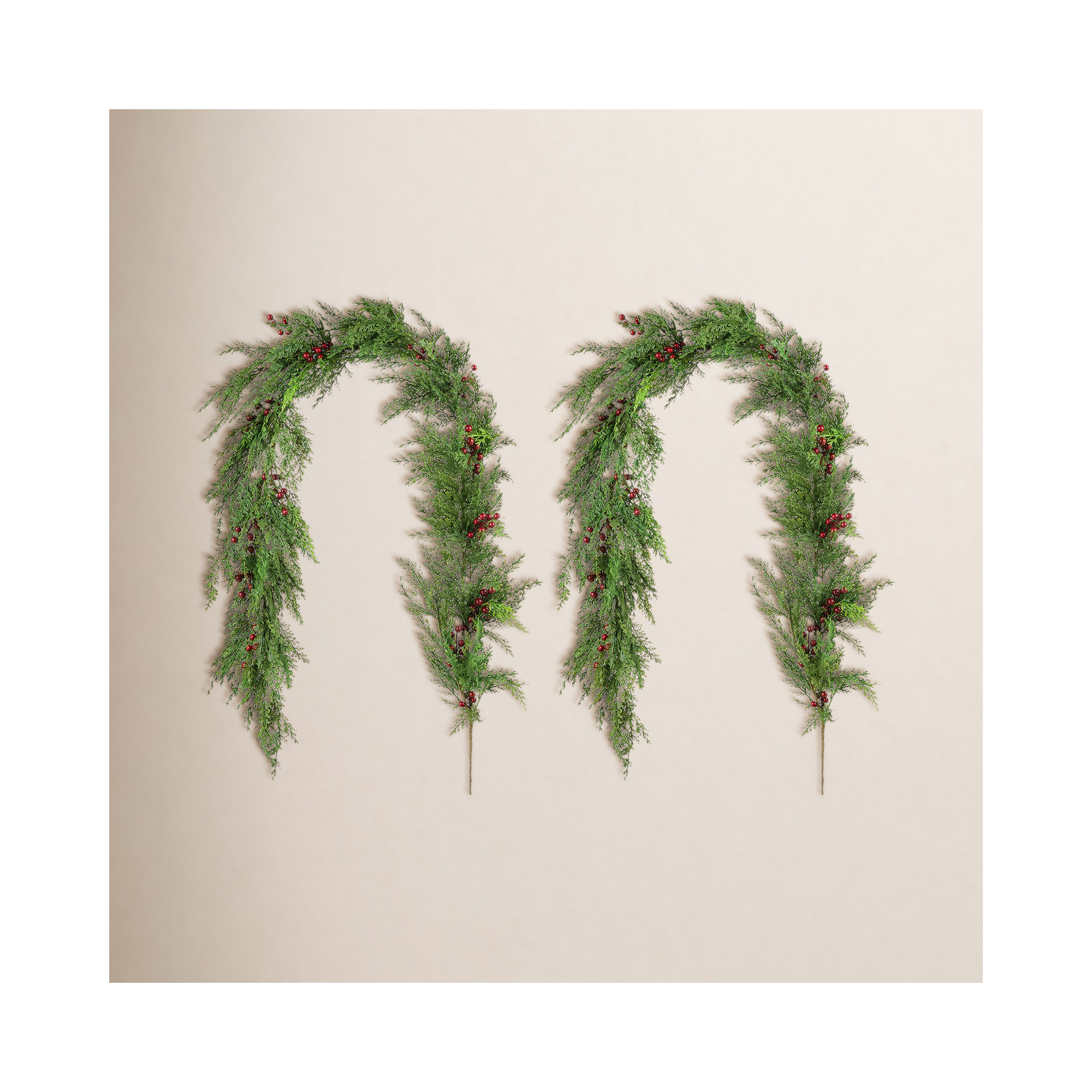 2-Piece 6Ft Christmas Greenery PE Dripping Cedar Garland With Red Berries