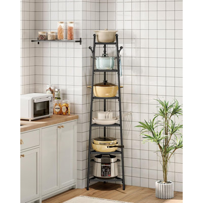 Tour de rangement triangulaire à 6 niveaux en fil métallique noir pour casseroles et poêles, idéal pour la cuisine et le salon.