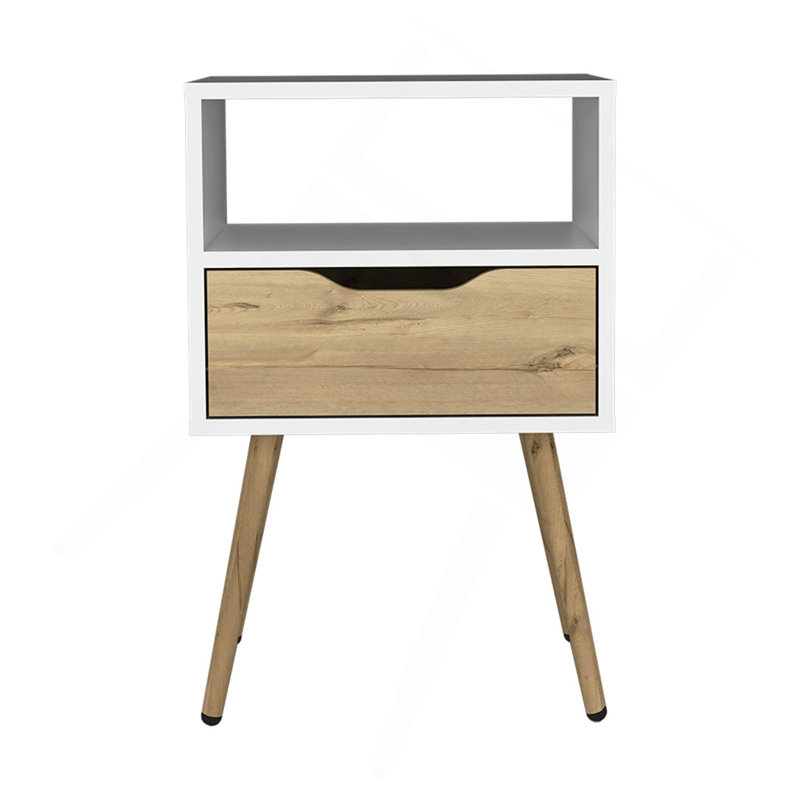 Table de chevet Fugaz, tablette ouverte, tiroir simple, finition blanc / chêne clair, Blanc / Chêne clair
