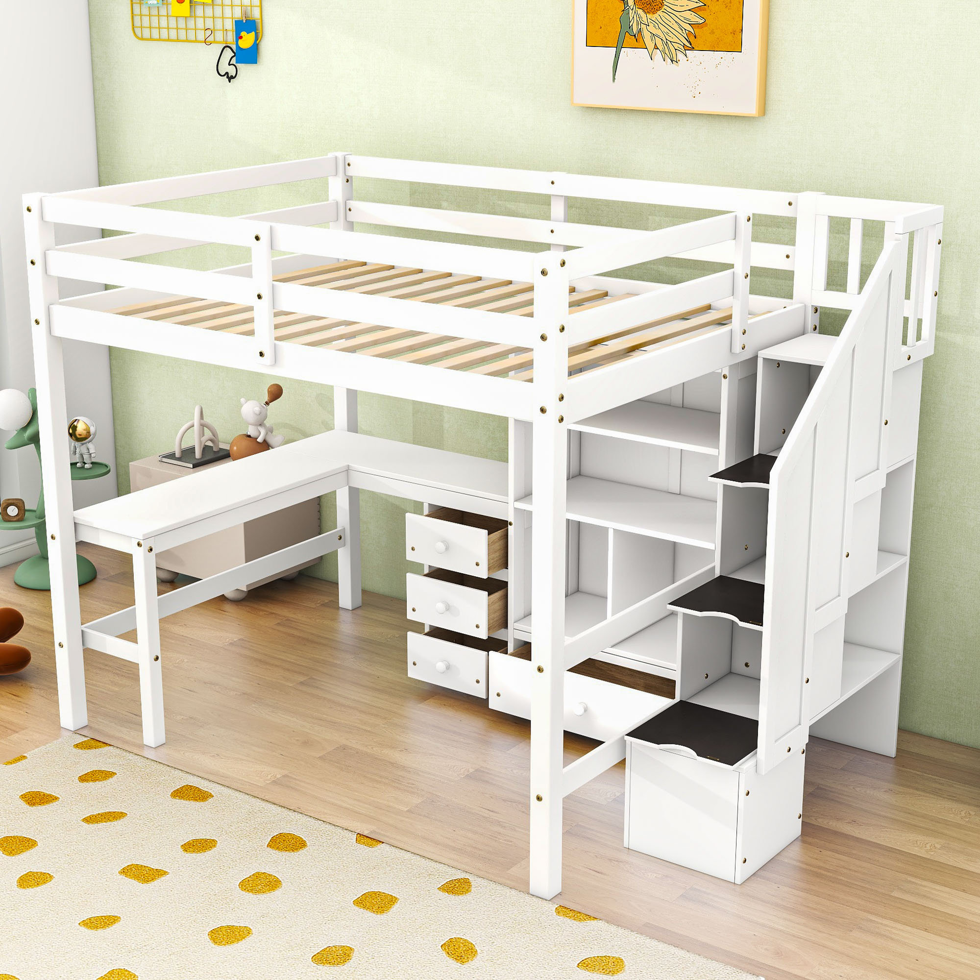 Harriet Bee Full Loft Bed With Desk And Drawers And Cabine | Wayfair