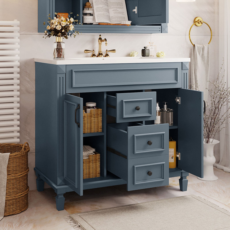 35.9 " Modern Single Bathroom Vanity with Top Sink with Soft Closing Doors and Drawers, Navy