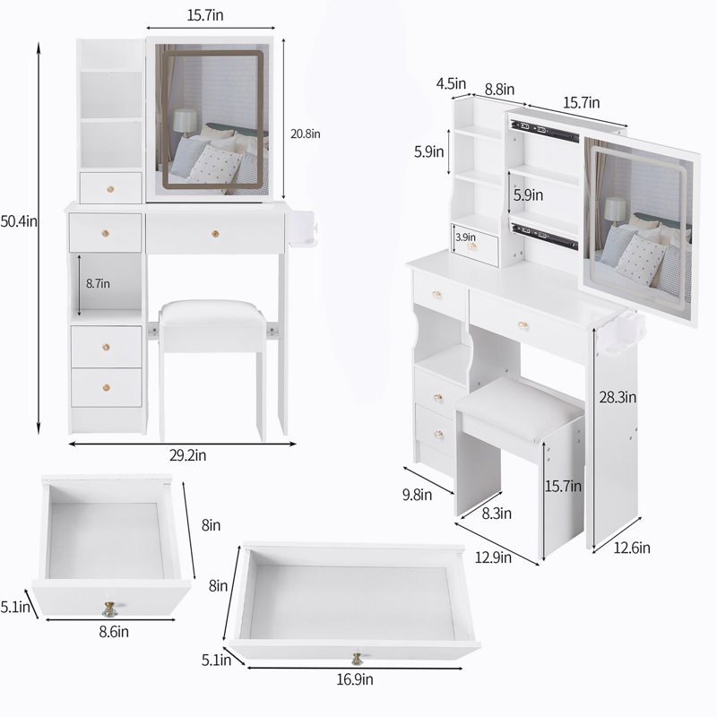Small Size Left Drawer Desktop Vanity Table + Cushioned Stool, 2 AC+2 USB Power Station, Hair Dryer Bracket, Extra Large Touch Control Sliding LED Mirror, Tri-Color Switching, EPA,GCC,UL Certificate