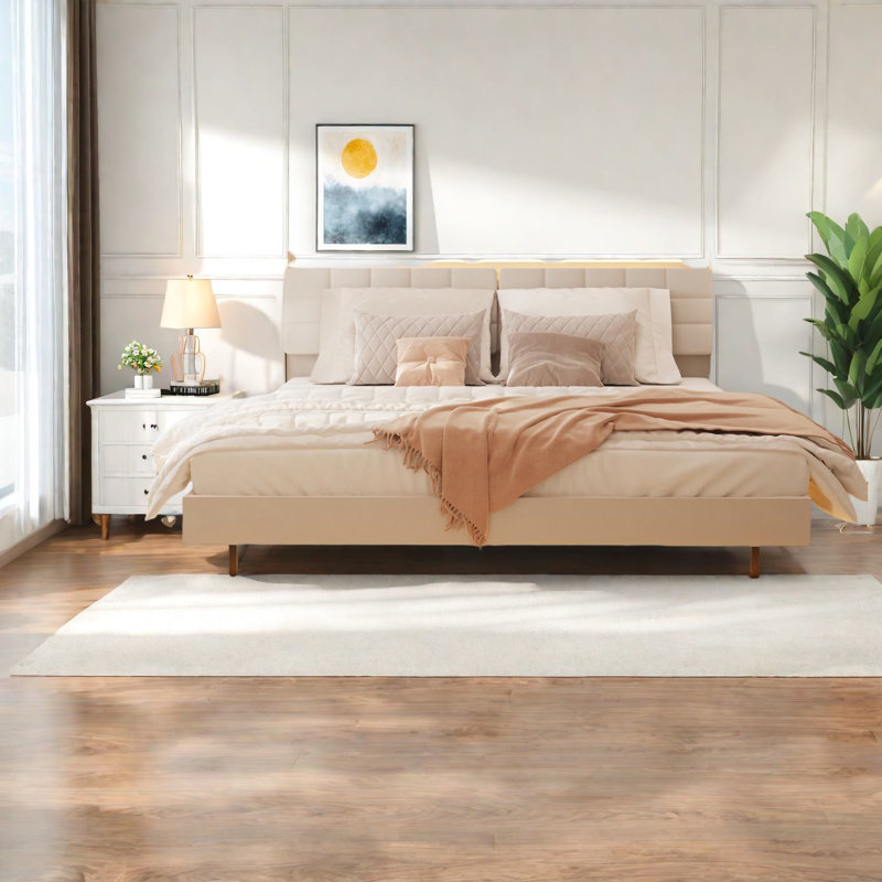 Très grand lit tapissier moderne en velours beige avec rangement à DEL pour la maison