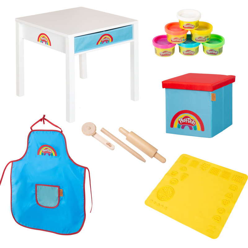 Play-Doh: Creative Craft Table - Art Station tout-en-1, bureau en bois et repose-pieds, boîtes de rangement, (6) Play-Doh 1 oz, tablier et outils, tapis en silicone 3D, enfants 3+