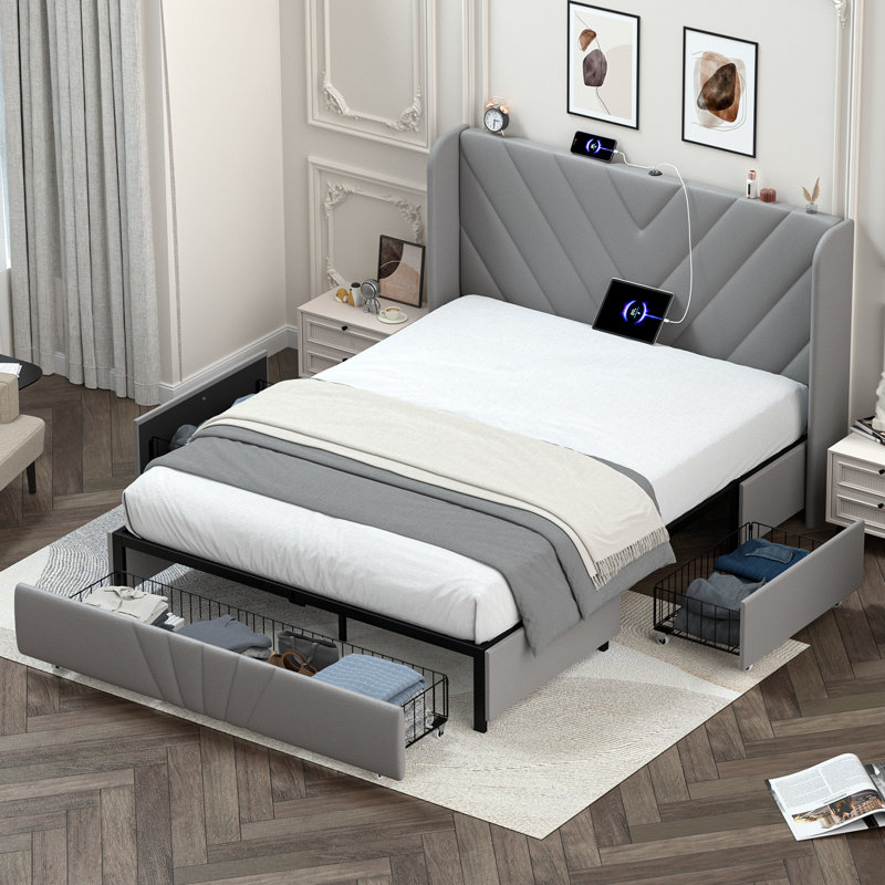 Structure de lit en métal avec tête de lit tapissier, tiroirs de rangement, ports de chargement USB et Type-C, aucun sommier nécessaire