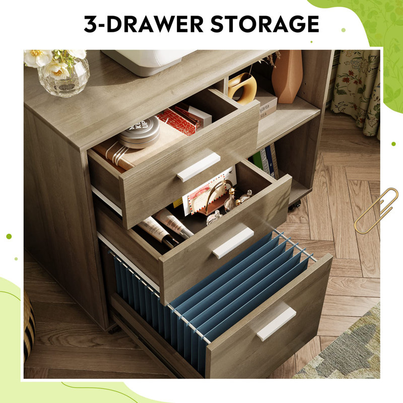 Lillith 31.3'' Wide 3 -Drawer Mobile File Cabinet, Gray Oak