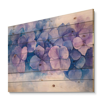 Hortensia à l'aquarelle lavée - décoration murale en bois d'hortensia - sur bois de pin naturel
