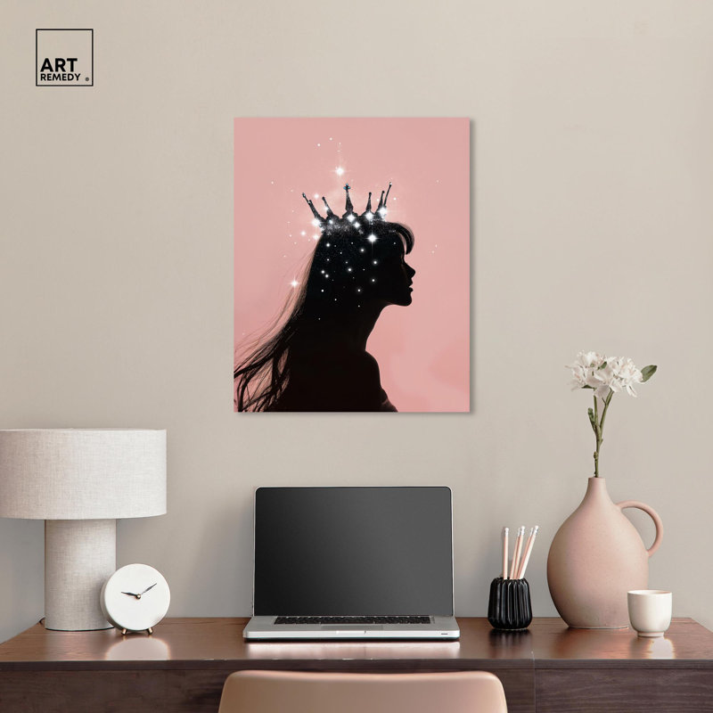 Crowned Silhouette Black and Pink Wrapped Canvas Art Print