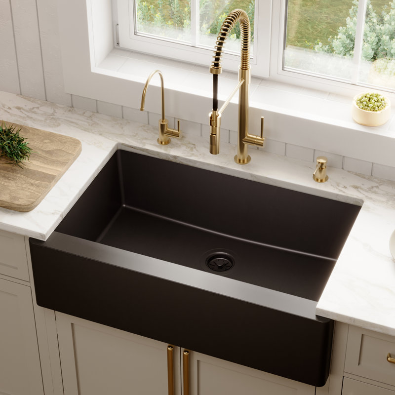 Karran Farmhouse/Apron-Front Quartz Composite 34'' X 21-1/4'' Single Bowl Kitchen Sink, Matte Black