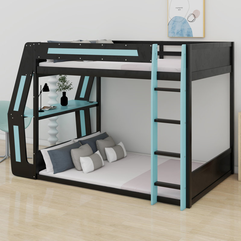 Gaming Bunk Bed With Side-Mounted Oversized RGB Desk, USB Charging Ports & Cable Grommet, LED Light Strip, Cloud Blue