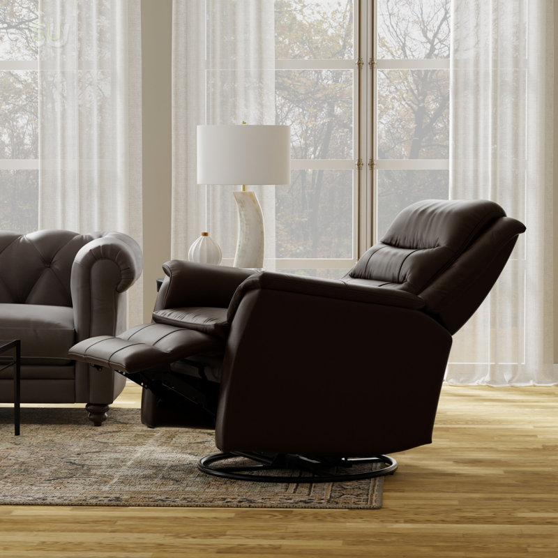 Global Home Swivel Glider Recliner With Manual Footrest, Top Grain Leather, And No-Sag Suspension For Ultimate Comfort, Recliner