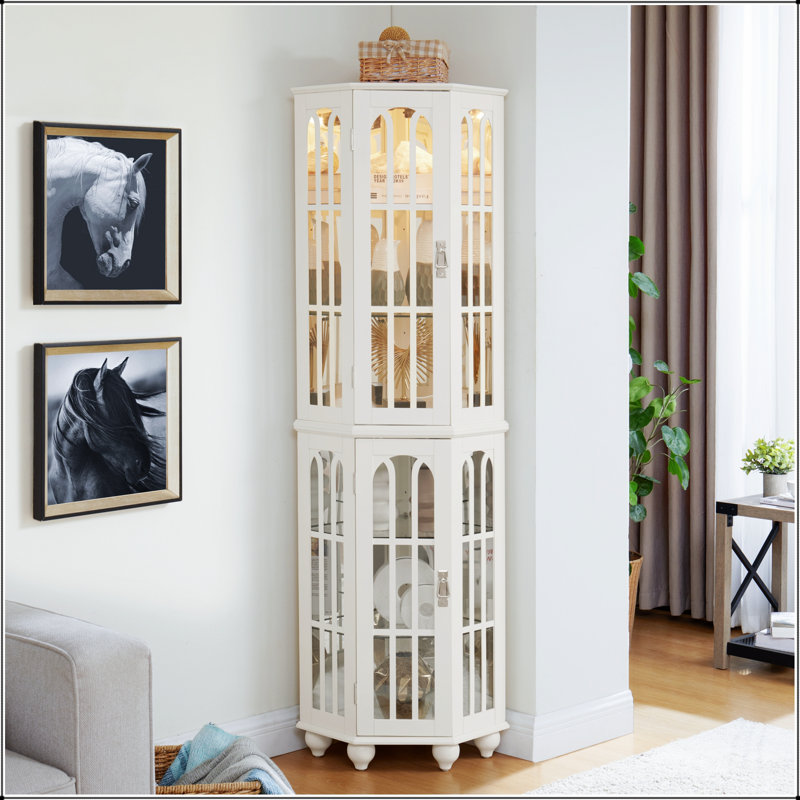 Corner Curio Cabinet With 4 Adjustable Tempered Glass Shelves And Built-In Lighting, For Displaying Collectibles And Decorative Items.