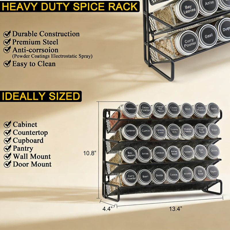 Ensemble complet de rangement à épices avec 28 pots en verre, 386 étiquettes, entonnoir et marqueur à craie - support à 4 niveaux pour armoire, comptoir, garde-manger ou fixation murale