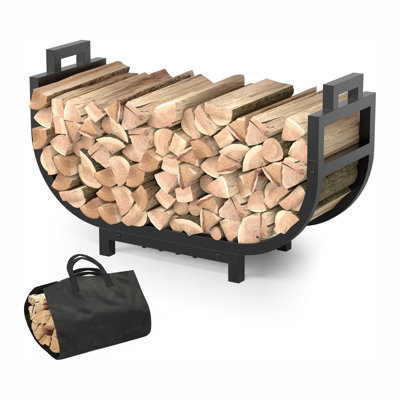 Range-bûches extérieur/intérieur avec poignée et sac de transport, 86 cm (34 pouces), support à bûches en métal robuste et stable pour foyer, terrasse ou patio, antirouille, noir.