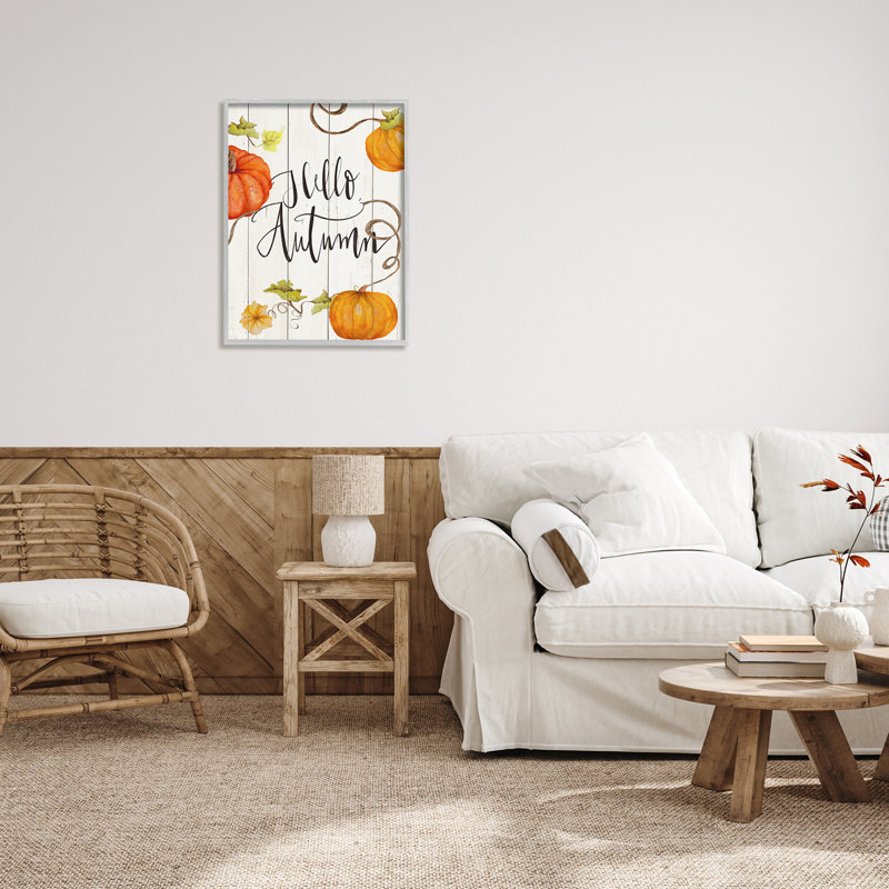 «Hello Autumn Calligraphy», rustique, citrouille, vignes, art numérique sur estampe numérique par Janice Gaynor