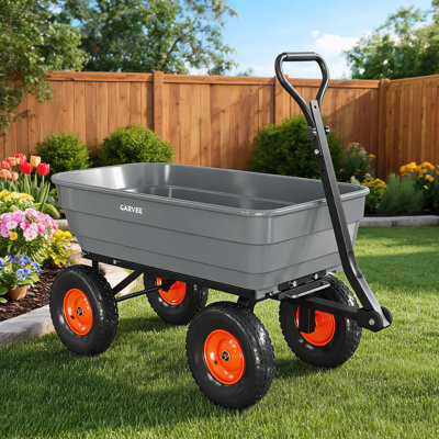 Heavy Duty Garden Dump Cart – 1200 lbs Utility Wagon with 13" All-Terrain No-Flat Wheels, Quick-Release Tipping, 180° Pivot Handle, Outdoor Yard Landscaping Wheelbarrow – Gray + Orange