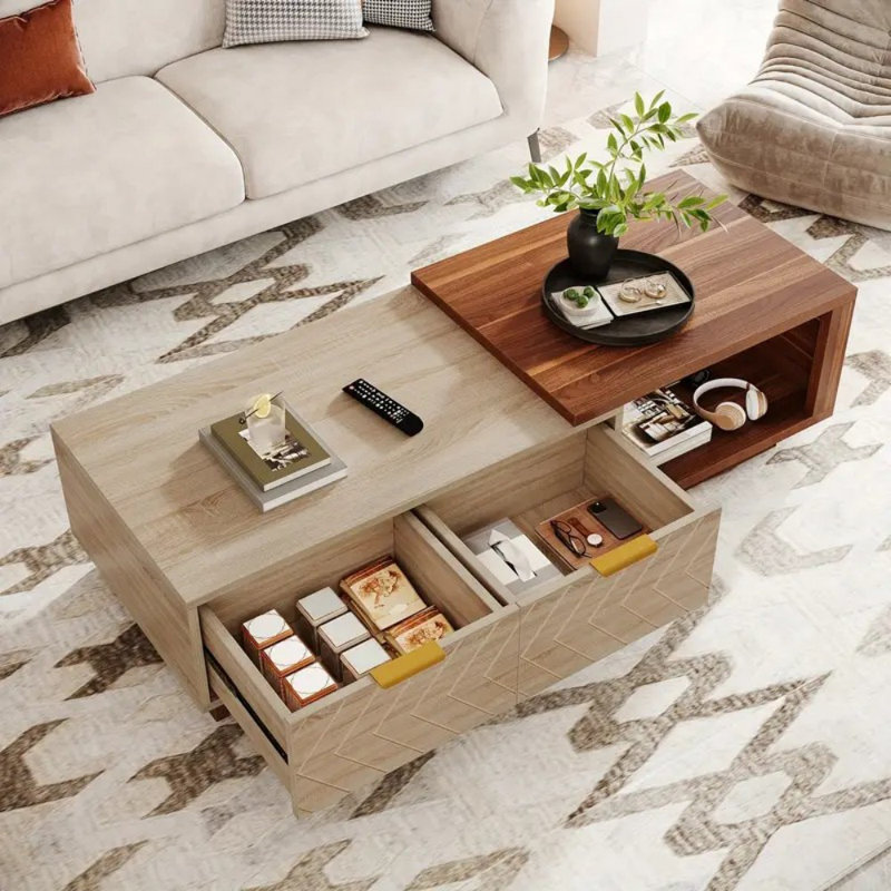 Expandable Wooden Coffee Table With Dual Storage Drawers, Featuring Dual-Tone Centerpiece & Sliding Tabletop, Versatile Hidden Compartment Rectangle Cocktail Table Ideal For Living Spaces
