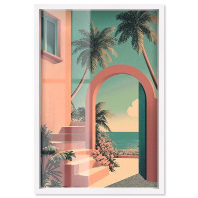 «Through the Arch and the Palms Shadowbox», art mural côtier par Art Remedy, cadre blanc, 11 x 16