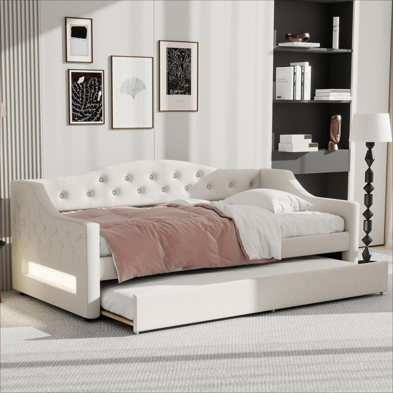 Lit plateforme simple Clean Silhouette, chambre d'amis, petit espace, beige rembourré simple TG avec éclairage DEL et lit gigogne