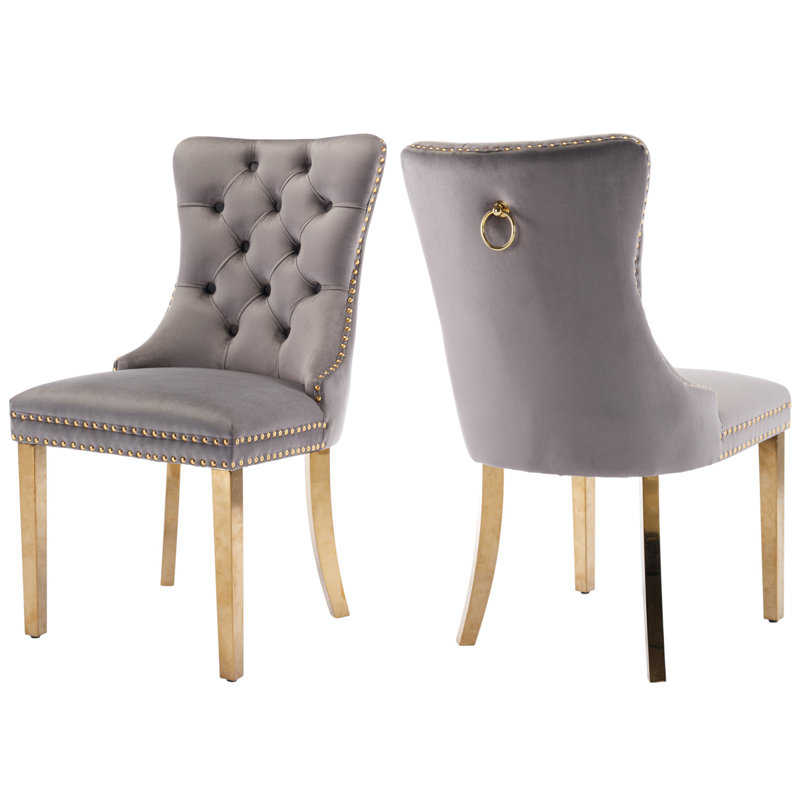 Tufted Velvet Wing Back Side Dining Chairs, Gray, Mirror Gold