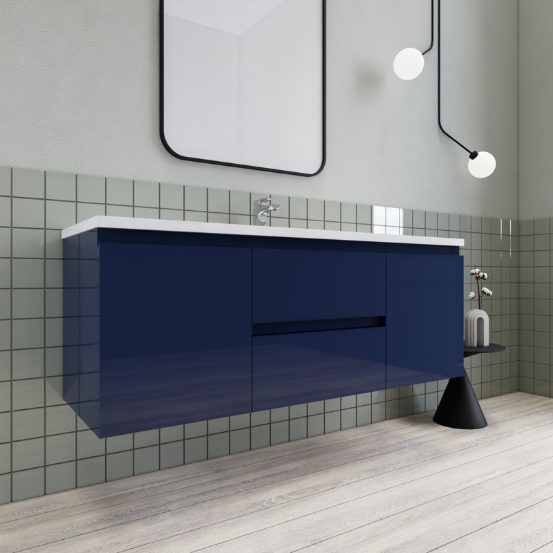 Meuble-lavabo de salle de bain flottant 60 po Alcester Ivy Bronx, Bleu brillant