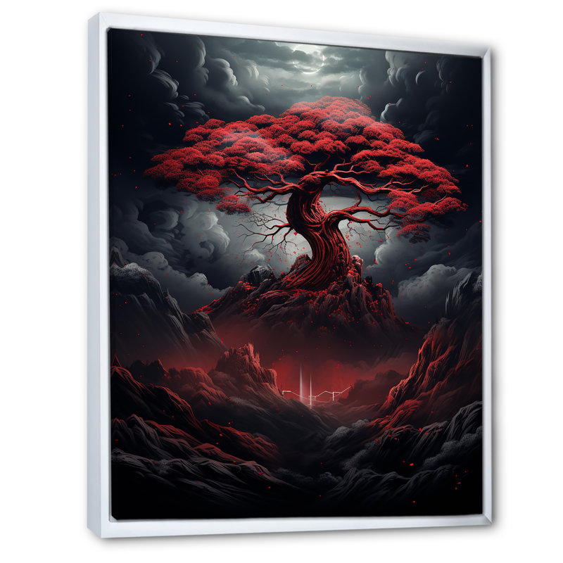 «Occult Red Tree Full Moon Mountain Magic I», reproduction sur toile, H 32 po x l 24 po x P 1 po, Cadre flottant blanc