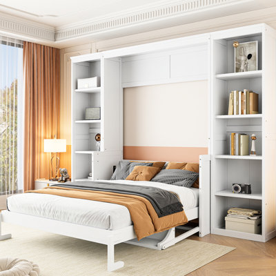 Lit double avec bureau et bibliothèque, blanc - stabilité et économie d'espace