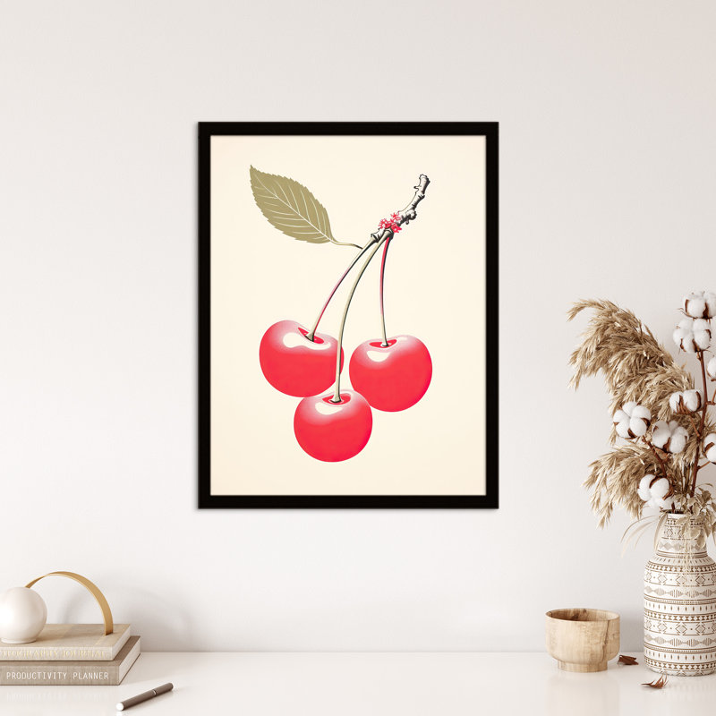 Red Smudge Cherries On Stem With Leaf Retro Kitchen - Single Picture Frame Print