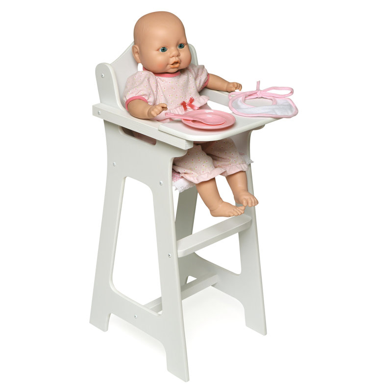 White and Pink Gingham Doll High Chair with Accessories