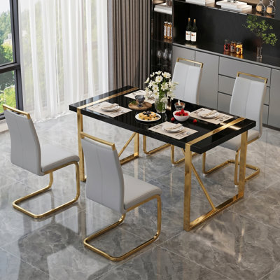 5-Piece Modern Rectangular Dining Set with High-Gloss Table and Faux Leather Cantilever Chairs