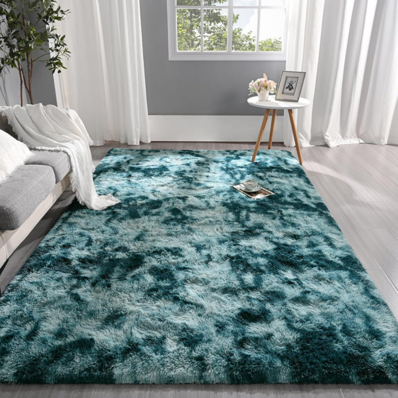 Antonije Tie Dye Shag Area Rug, Rectangle 6' x 9', Peacock Blue