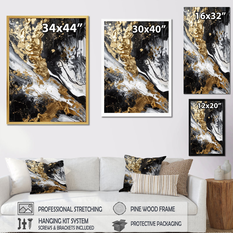 «River Happiness Abstract Gold Black White», reproduction d'art sur toile, H 20 po x l 12 po, Cadre flottant blanc