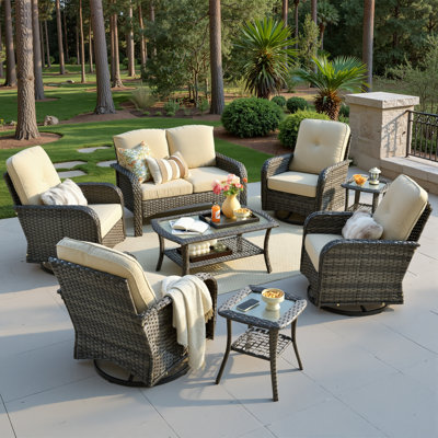 Ensemble de conversation de patio 8 pièces en osier avec chaises berçantes et tables pivotantes