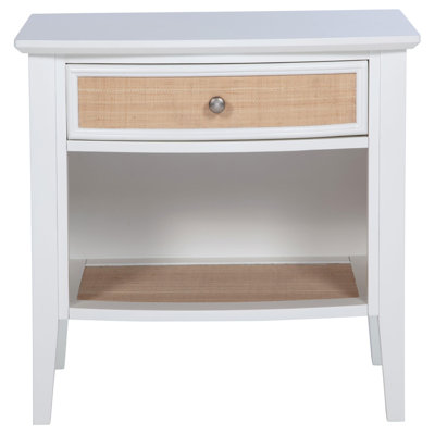 Heo Nightstand, 1 Brown Rattan Woven Drawer, Open Shelf, White Wood