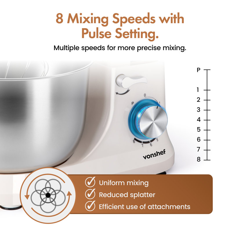 VonShef Stand Mixer 1000W, Electric Food Mixer and 4.5L Bowl, Cream