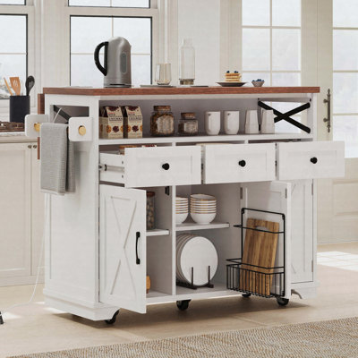 46.5" Farmhouse Kitchen Island with Drape of Beads, Power Outlet, Rolling Kitchen Cart on Wheels with Drop Leaf, 3 Doors , 3 Drawers and Internal Iron Shelf, for Kitchen, Dining Room, White