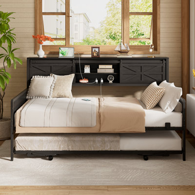 Barn Door Twin Daybeds With Pop Up Trundle With Charging Station, With Storage Headboards by Gracie Oaks