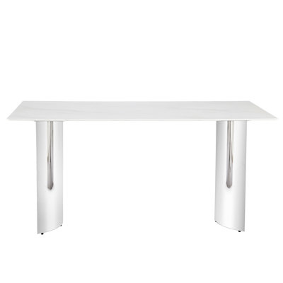 Modern Table With Marble Glass Sticker Desktop, 4 White Seats, And Stable Stainless Steel Structure, Ideal For Family Lunches Afternoon Teas Contemporary Dining Surface, Comfortable Upholstered