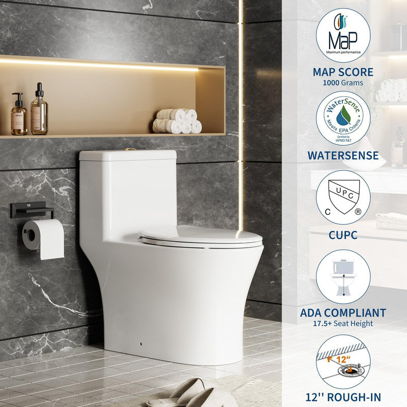 Toilette allongée blanche confort, double chasse 3 / 4,8 L, siège à fermeture douce, conception moderne d'une seule pièce