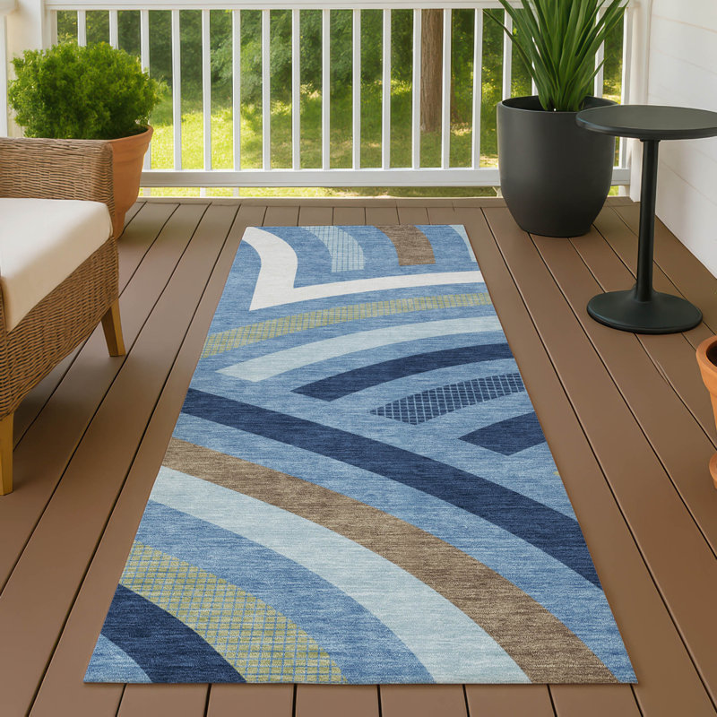 Tapis mid-century moderne lavable à la machine intérieur / extérieur Chantille ACN2467, En jean