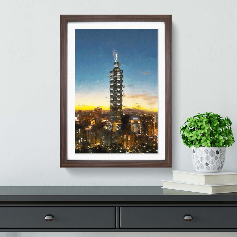 Taipei City in Taiwan Abstract Art - Picture Frame Graphic Art Print, 87cm H x 62cm W x 2cm D, Walnut Framed