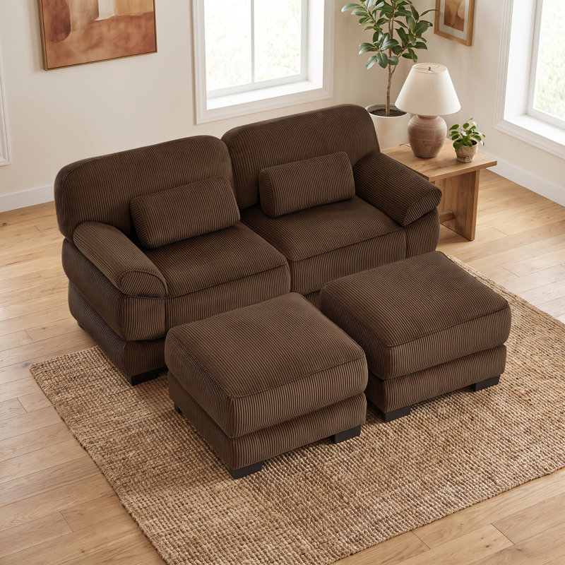 Canapé modulable 2 places avec 2 poufs, revêtement en velours côtelé pour salon, appartement, Brun